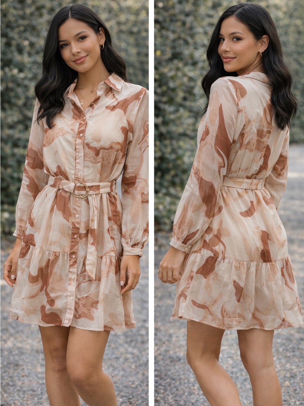 Belted Swirl Print Shirt Dress - Beige & Brown
